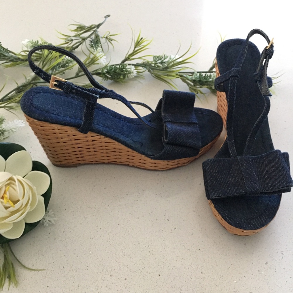 Kate spade wicker straw denim wedges 6.5 - Picture 2 of 6
